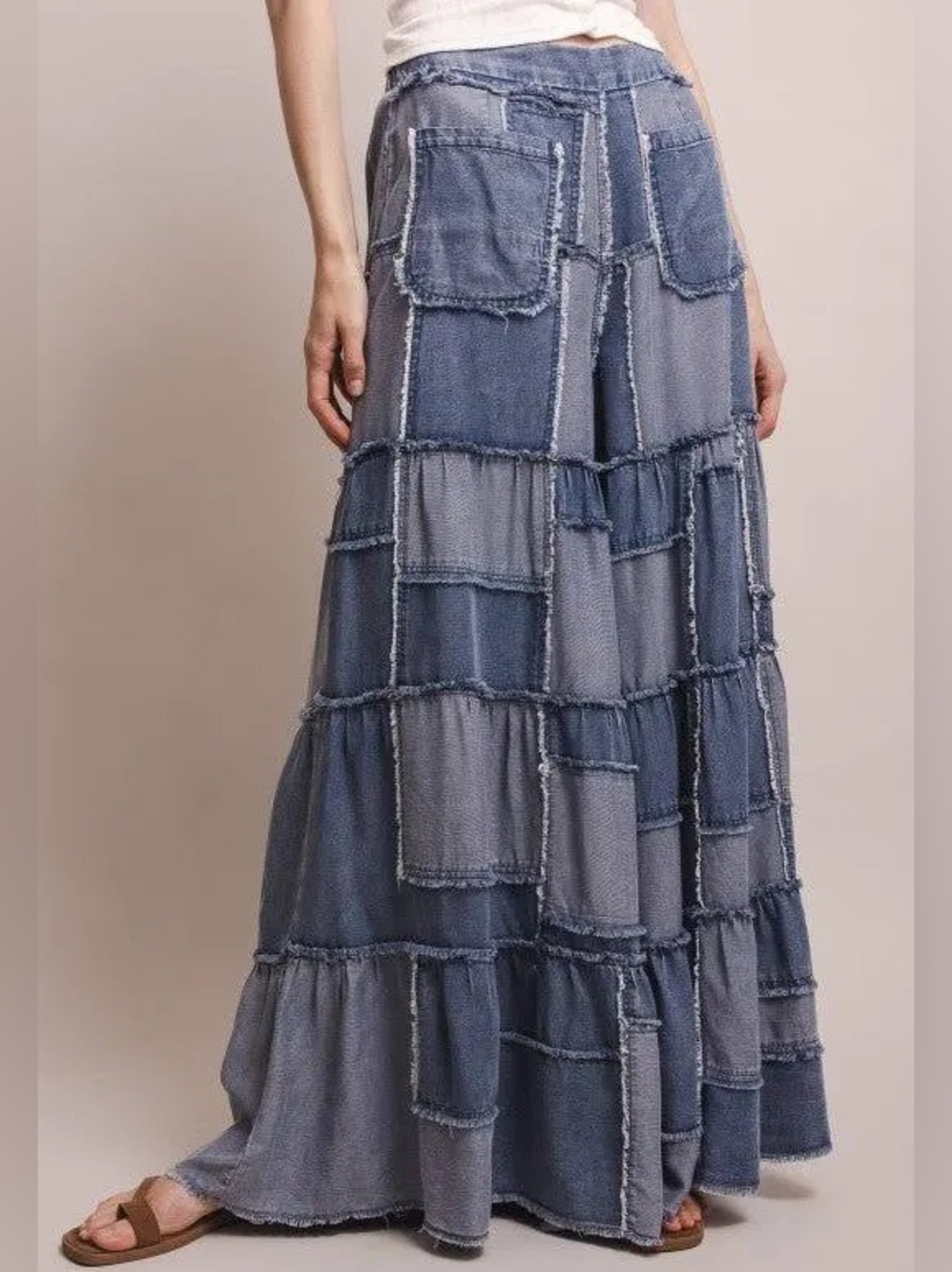 BLUE VELVET Tiered Denim Patchwork Very Wide Leg Boho Hippie Pants